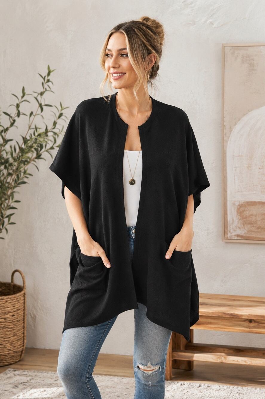 Cuddl Duds Fleecewear Stretch Open Front Wrap Poncho Black O/S Soft Cozy Pockets
